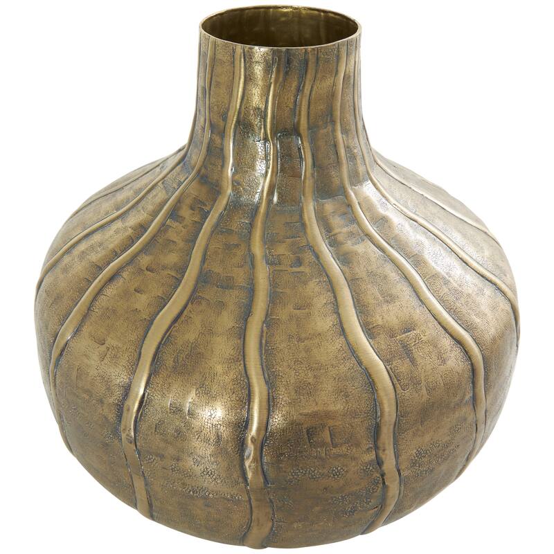 Metal Wide Snakeskin Inspired Decorative Vase with Dimensional Wavy Accents - Brass - Roche River Decor