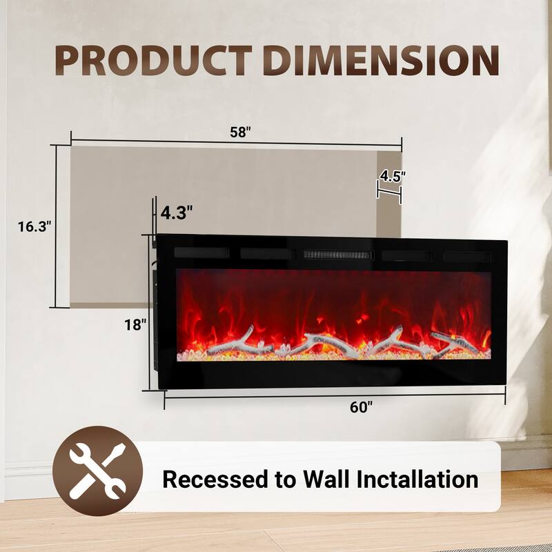 Clihome 30-72Inch Recessed Wall-mounted w/ RC (1500W) Electric Fireplace