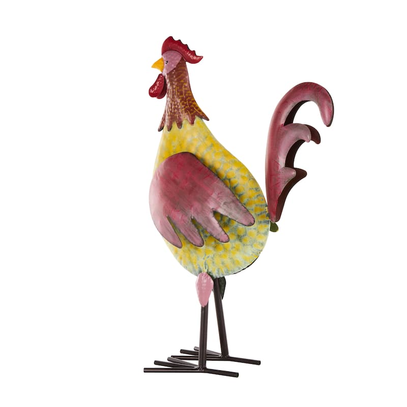 Metal Rooster Textured Garden Sculpture with Red Accents - Black - Roche River Decor