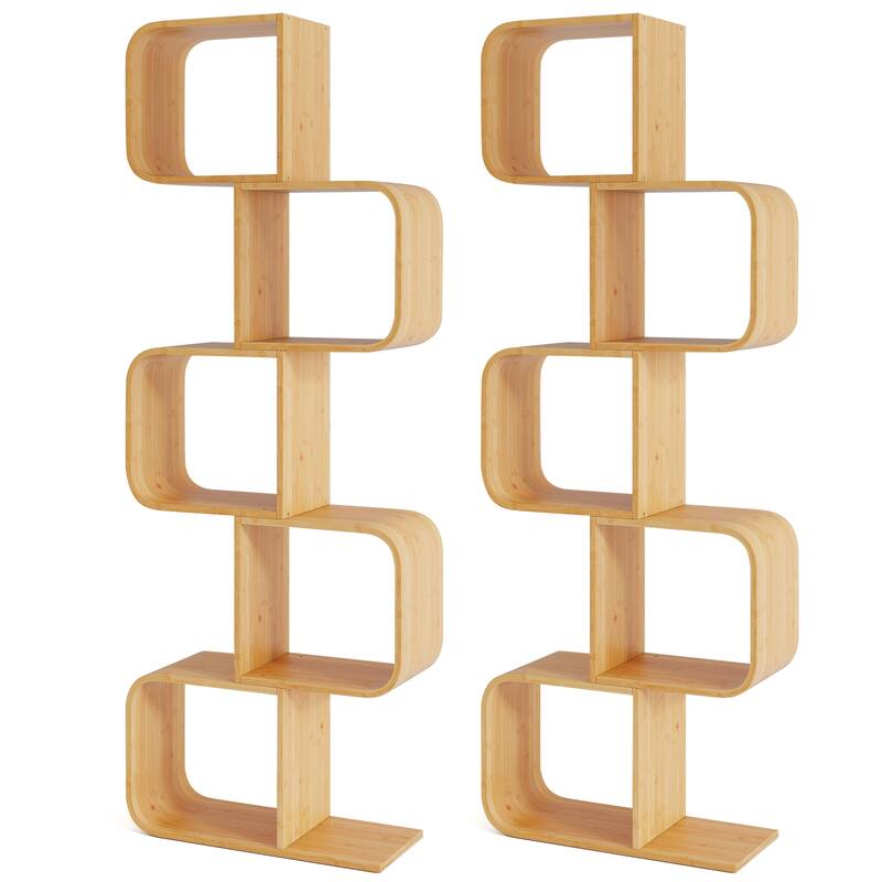 Gymax 2PCS 5-Tier S-Shaped Bookcase w/ 5 Open Cubes Geometric Corner