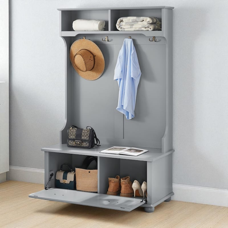 Classic Entryway Hall Tree with Bench, Shelves, Shoe Cabinet & Coat Hooks, Solid Wood Feet Coastal Design