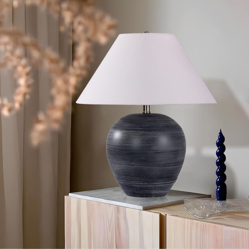 Global Accent Ceramic Table Lamp with Linen Shade - Large size: 21"H x 18"W x 18"D - Black Striped