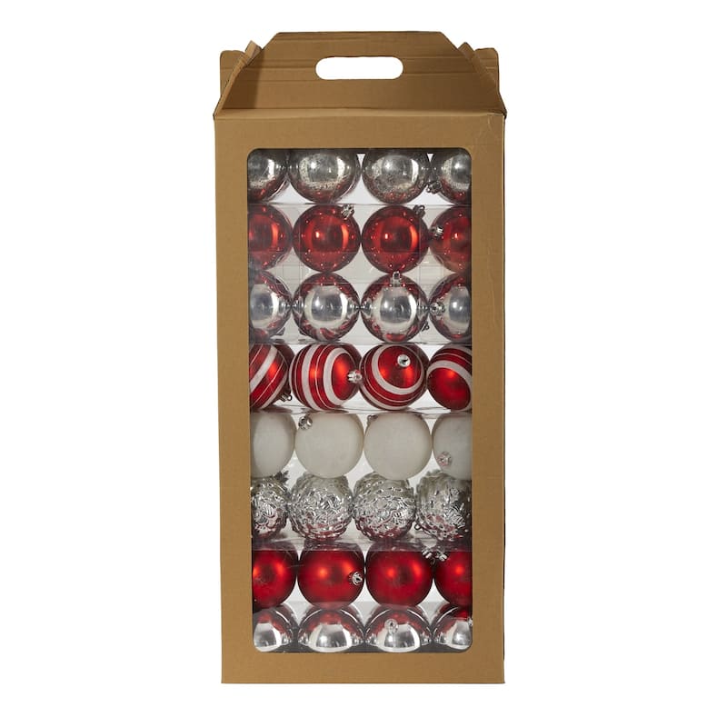 Silver Shatterproof 8-Finish Christmas Ball Ornaments - 3" (80mm) - Red and Silver - 64ct
