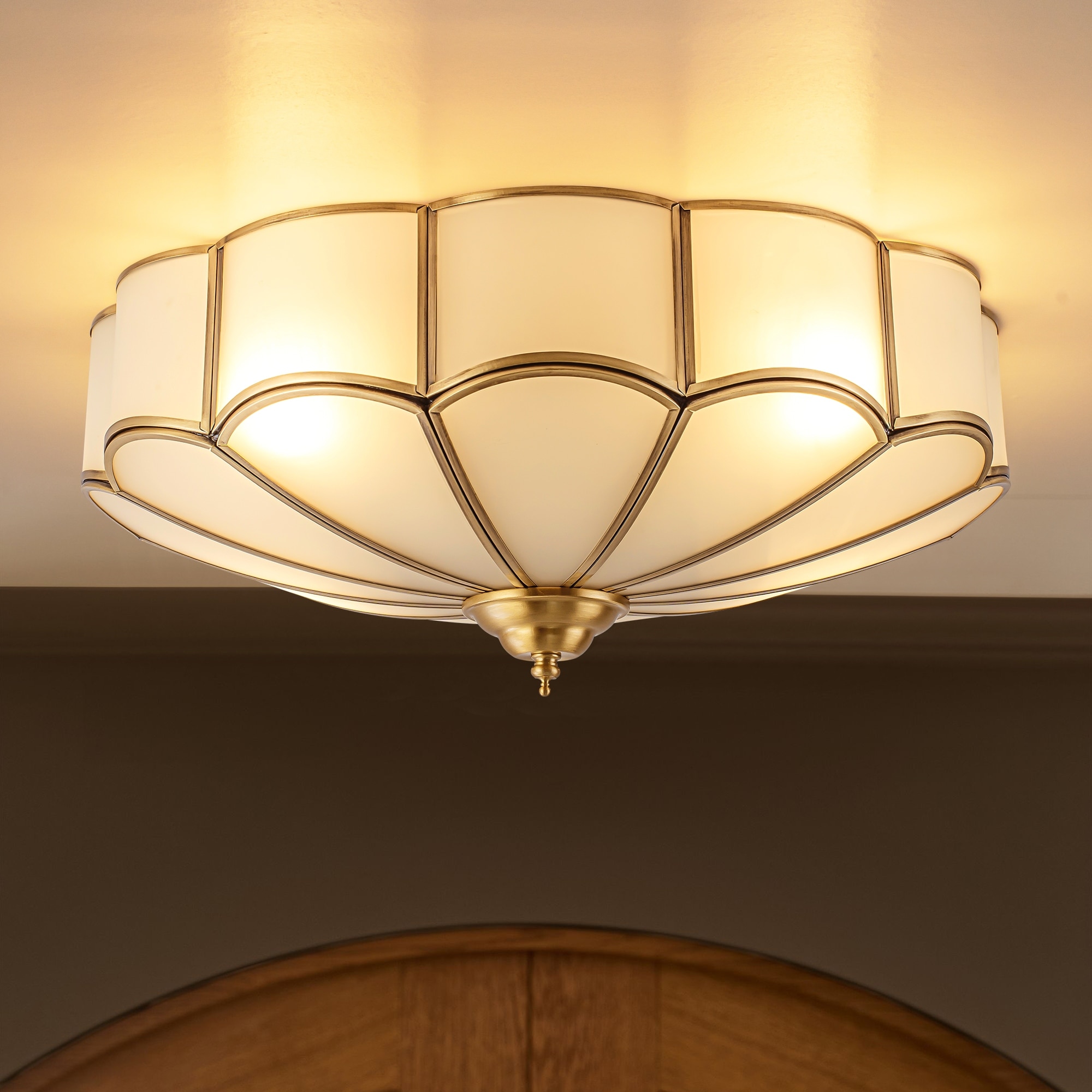 Rennnsan 4-Light 18 in. Vintage Brass Floral Semi-Flush Mount Ceiling Light with Soft Glass Shade - 17.7 in. Dia x 7.1 in. H