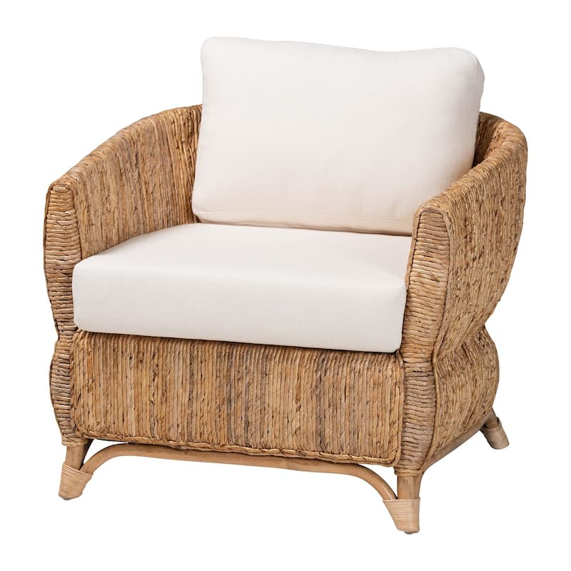 Roma Rattan and Seagrass Armchair with Cushions - Handwoven Lounge Chair with Wide Armrests and Sculptural Base, Boho Coastal - Natural Brown