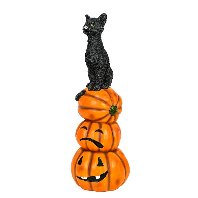 National Tree Company Halloween Tabletop Decoration, Black, Black Cat with Pumpkin Stack, 32 Inches