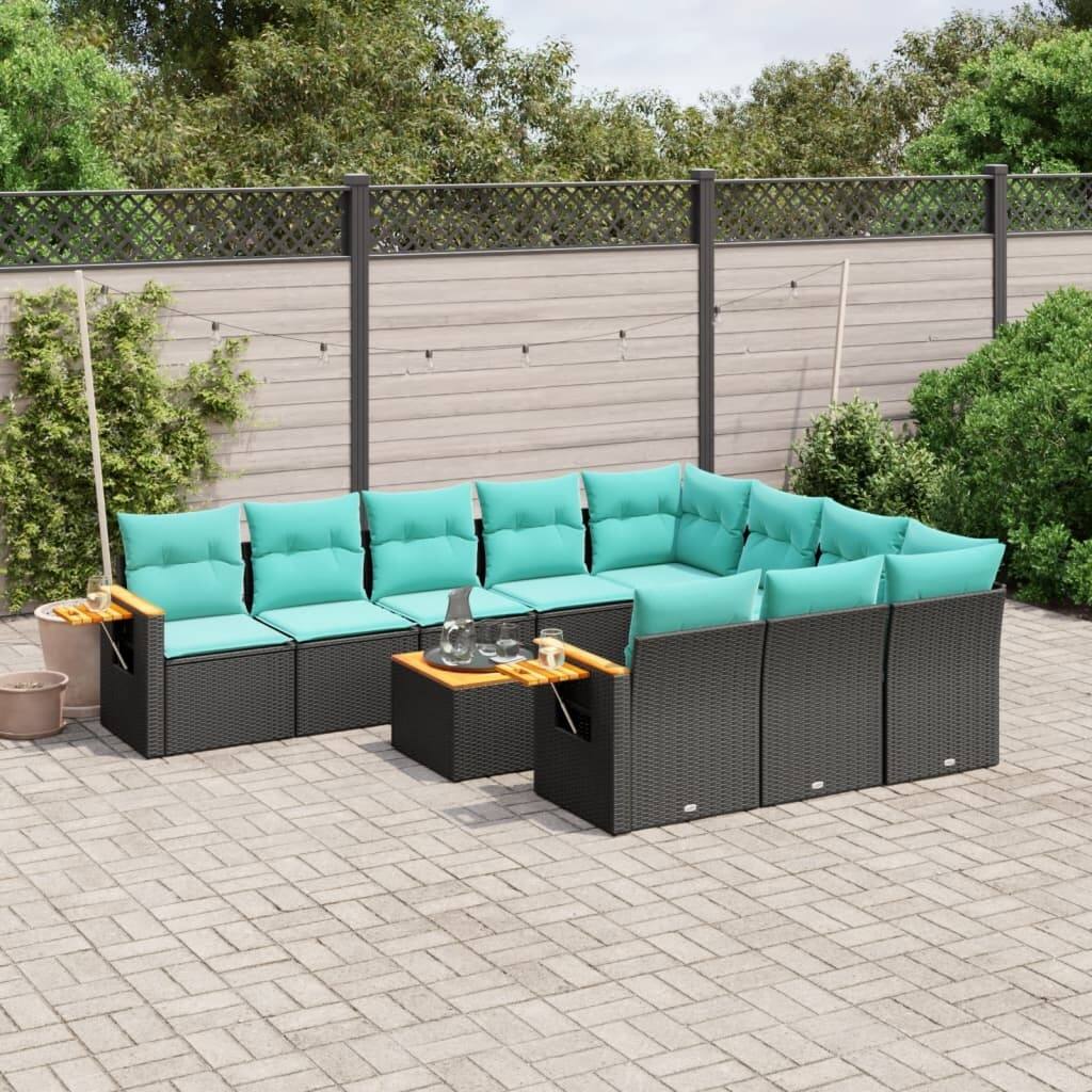 vidaXL 11 Piece Patio Sofa Set with Cushions Black Poly Rattan (US only) - 24.4 x 24.4 x 27.2