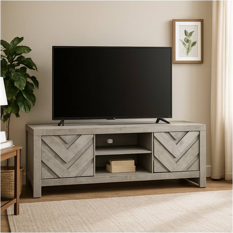Velz TV Media Stand Console, 2 Chevron Doors, Open Shelves, Beige