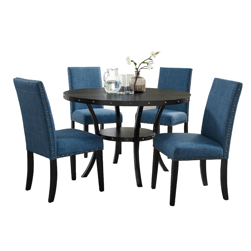 Upholstered Dining Chairs with Nailhead Trim, Round Dining Table with Storage Shelves, Blue Table and Chair Set