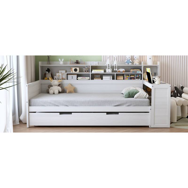 Full Size Daybed with Storage Shelves, Multi-Functional Bed with Twin Trundle and Built-In Study Desk, Space-Saving Design