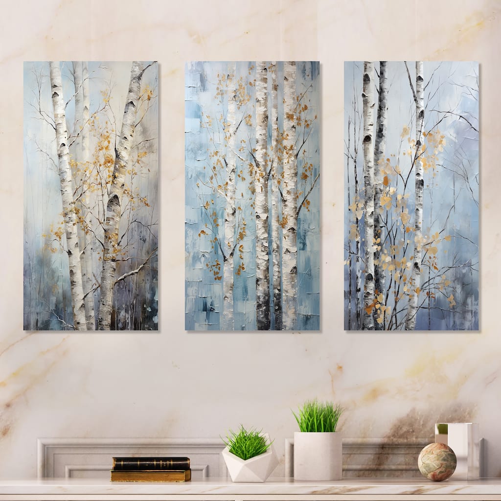 Designart "Silver Blue Tree Birchs Breath" Tree Birch Canvas Set of 3 Traditional Wall Art Set Silver Wall Art 3 Pieces