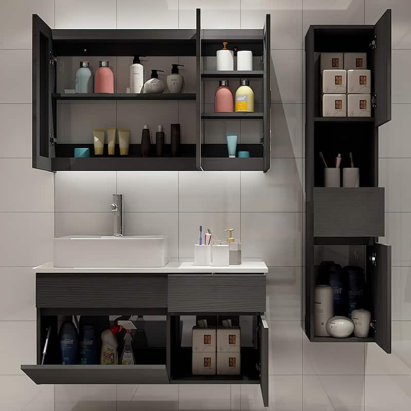 Chelce 32" Black and White Wall Mounted Bathroom Vanity with Faux Marble Countertop and Ceramic Sink