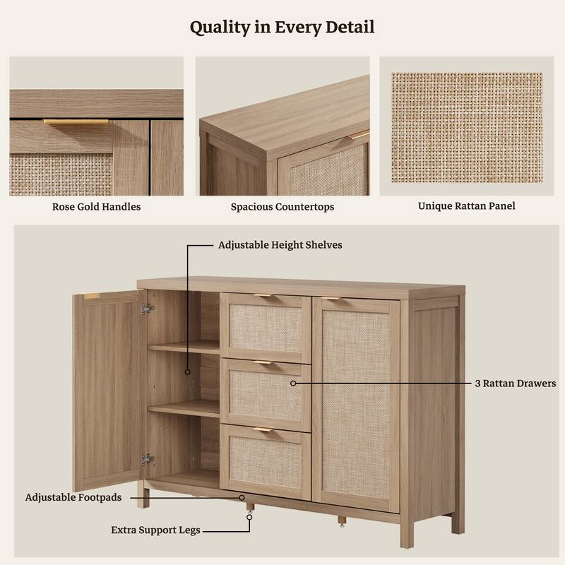 Natural Style Rattan Door Storage Cabinet with 3 Drawers