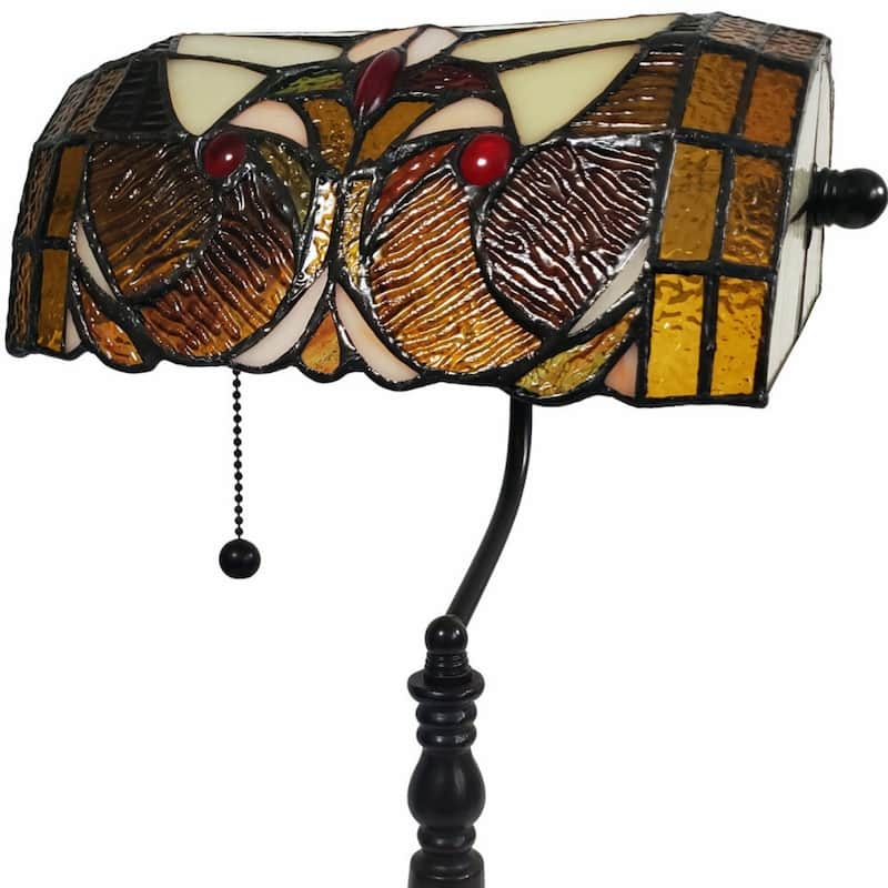 Dark Brown Resin Table Lamp with Gold Dome-Stained Glass Shade Pull Chain - 11” x 13” x 19” (D x W x H)