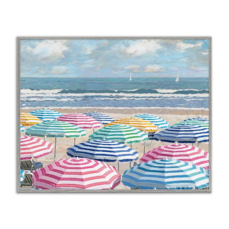 Stupell Shore with Bright Umbrellas Framed Giclee Art Design By Amber Sterling - 30 x 24 - Grey