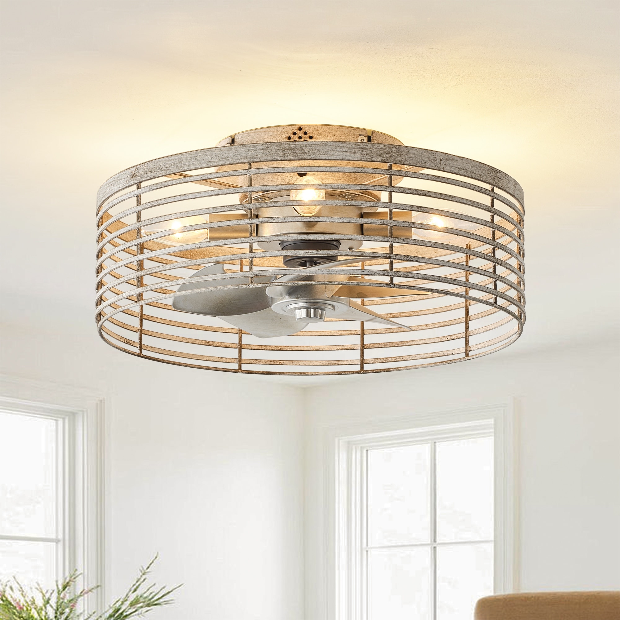 18" Antique White Caged 4-Light Low-Profile Flush Mount Ceiling Fan with Remote