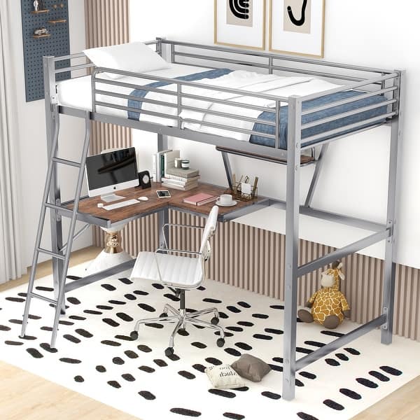 slide 2 of 12, Twin Size Loft Bed with Built-in Desk and Shelf, Sturdy Metal & MDF Frame Silver