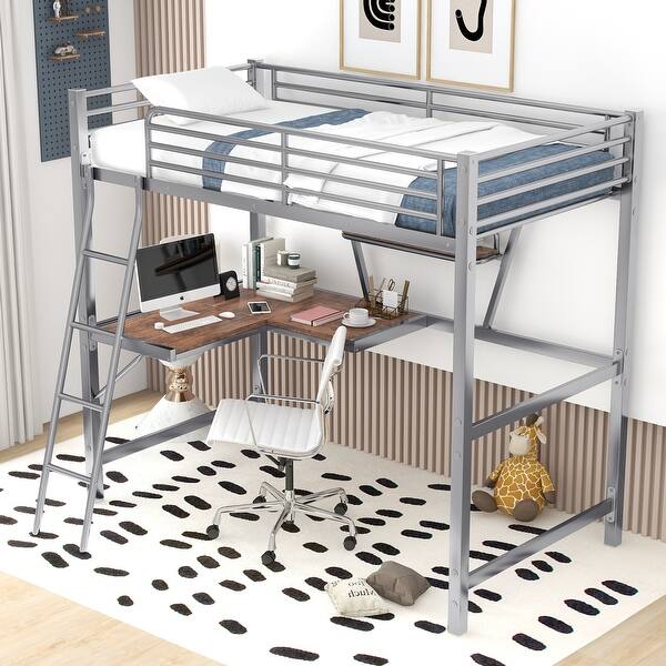 slide 2 of 19, Twin Size Loft Metal & MDF Bed with Desk & Shelf, Ladder & Guard Rail Silver - Twin