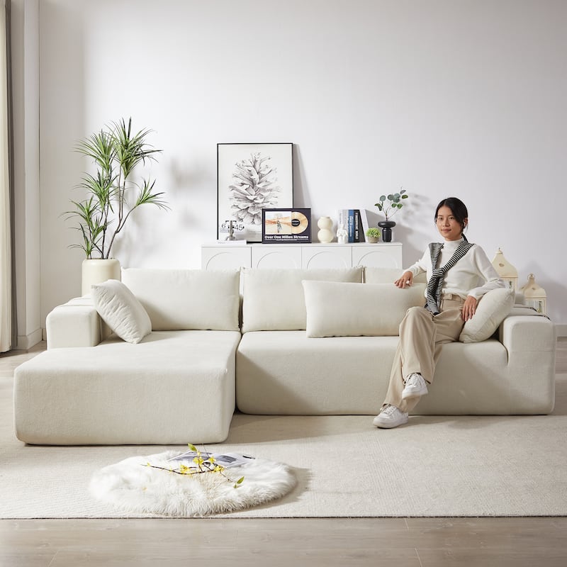 Roomfitters 108" Chenille Modular Sectional Sofa, L-Shaped 3-4 Seater with 6 Pillows, Right Chaise - Beige - Left Hand Facing