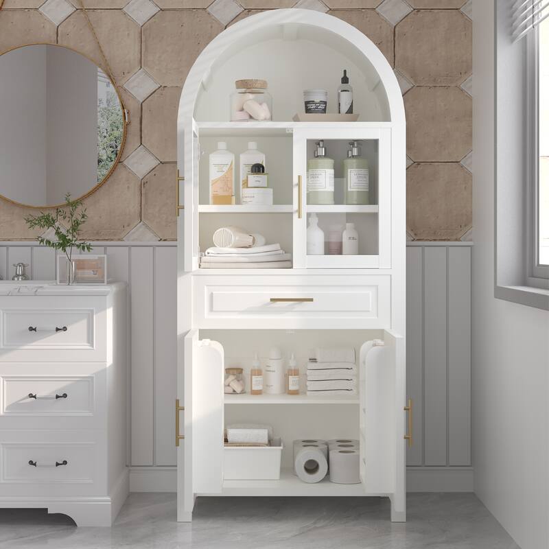 71" Tall Arched Kitchen Pantry Cabinet with Glass Door, Farmhouse Storage Pantry Cabinet with Adjustable Shelves