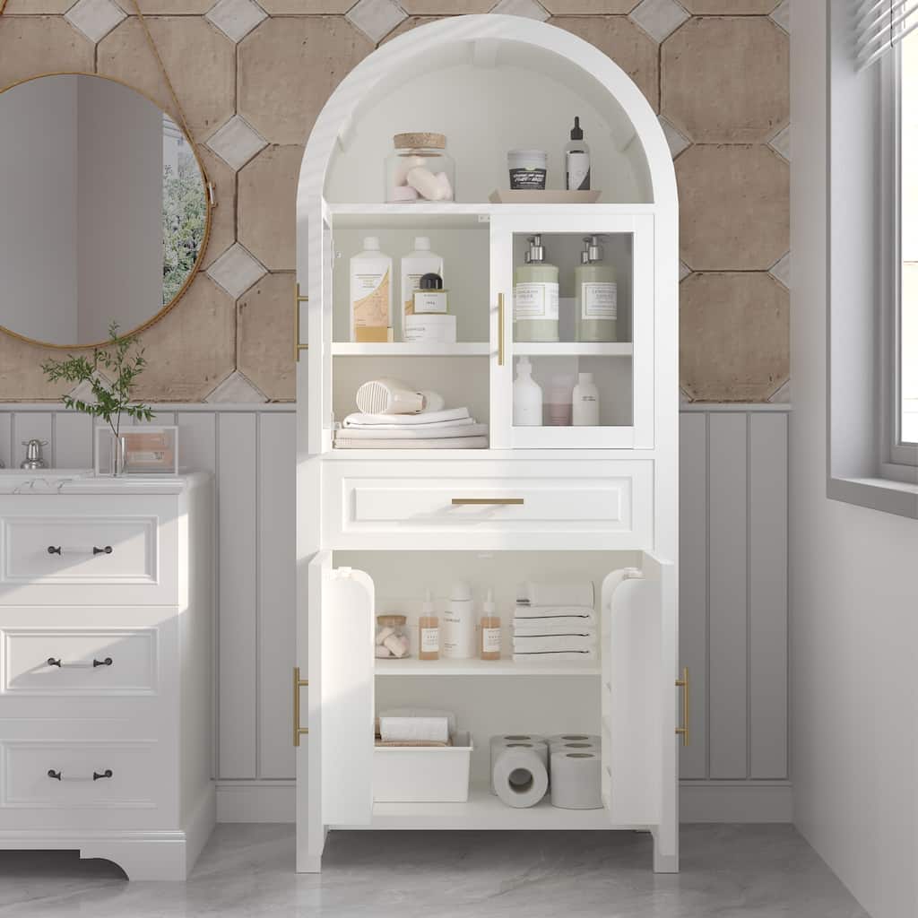 Arched Kitchen Pantry Cabinet, Storage Cabinet with Large Drawers, Display Cabinet with Glass Doors & Adjustable Shelves