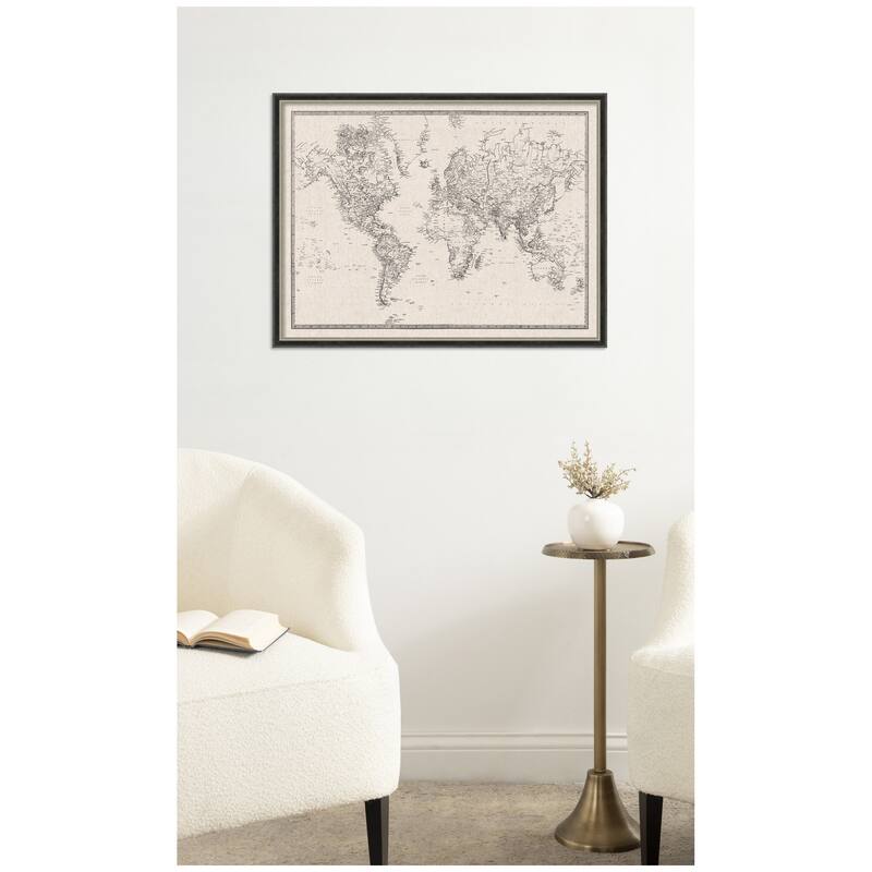 Kate and Laurel Framed Fabric Pinboard Vintage Black and White Linen World Map Wall Organization