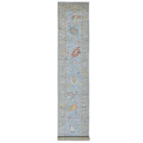 Shahbanu Rugs Silver Blue Oushak with Colorful Floral Motifs Pure Wool Hand Knotted Oriental XL Runner Rug (2'9" x 15'7")
