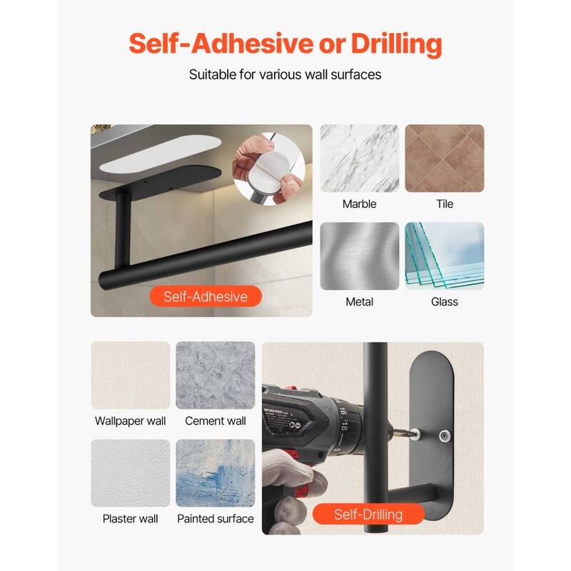 Black Stainless Steel Wall Mounted Paper Towel Holder Under Cabinet and Self-Adhesive or Drilling Installation
