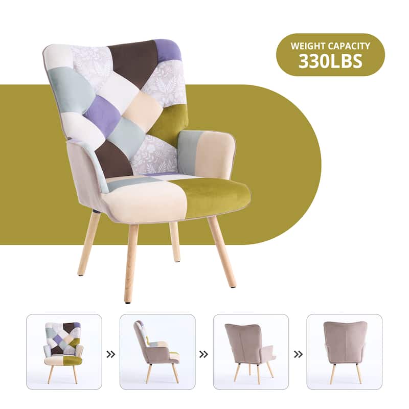 Upholstered Wingback Accent Chair with Rubberwood Legs & Levelers