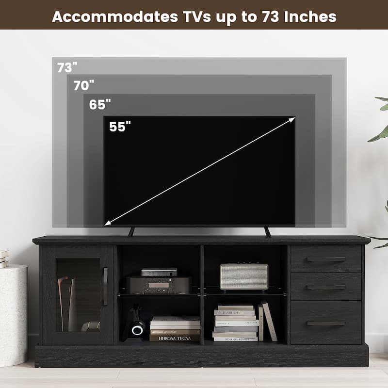 Gymax 63'' Media Console Table w/ 3 Drawers 2 Glass Shelves Cable