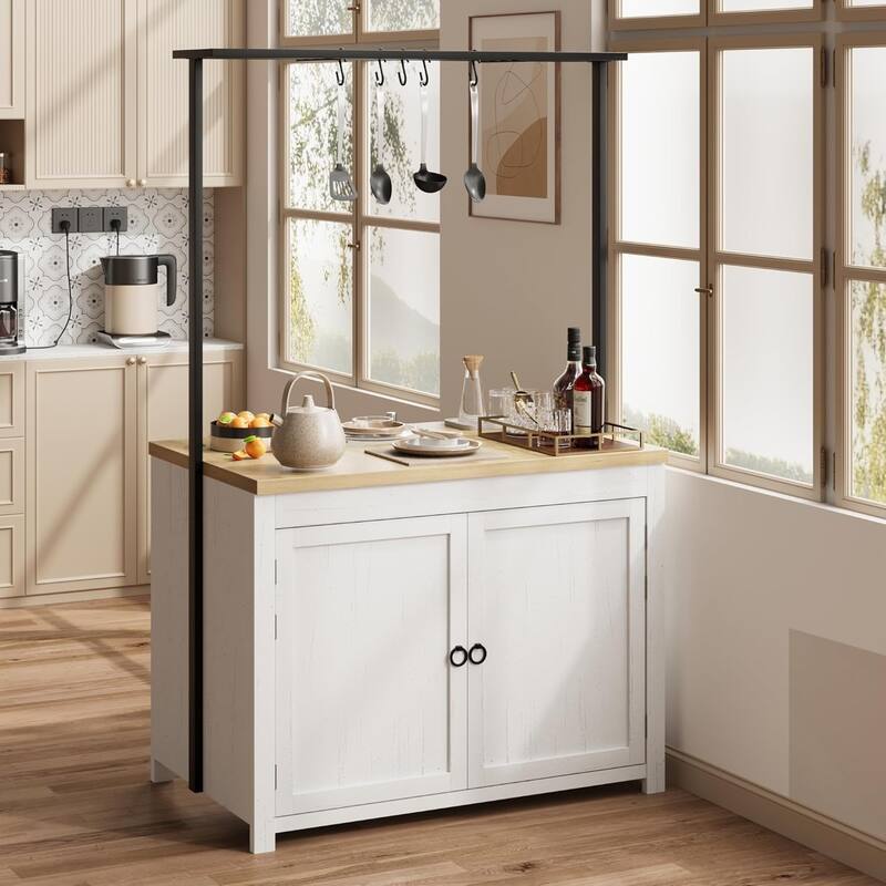 41" Kitchen Island with Storage, 1.2" Countertop with Double Shelves, 5 Hooks, Metal Coffee Bar Table, Black - White