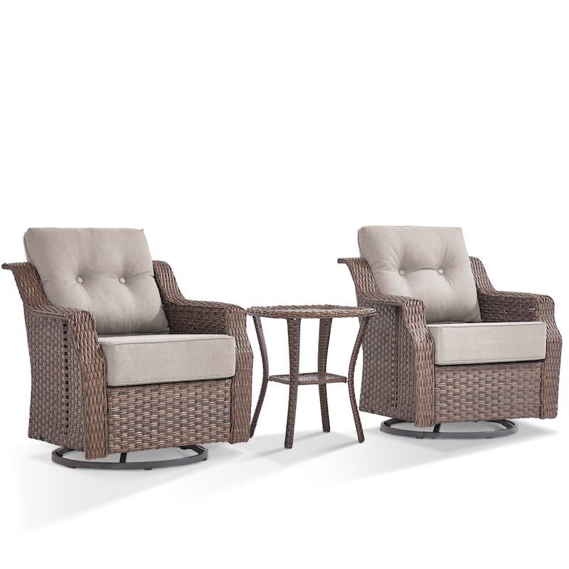 3 Pieces Swivel Chairs with Side Table - Beige Cushion - Brown