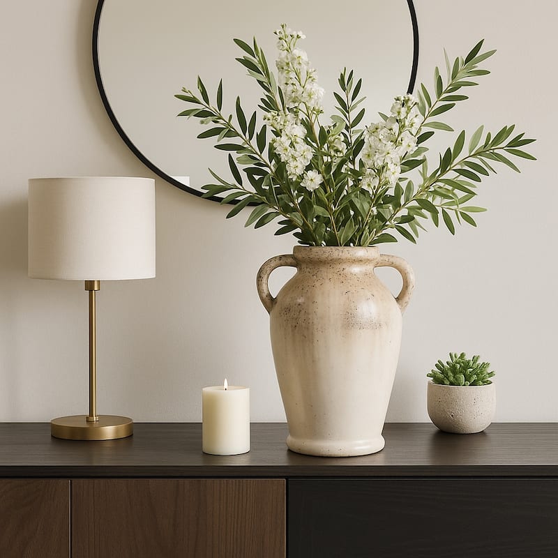 Modern Terracotta Tall Vase with Speckled Finish - Ivory & Brown