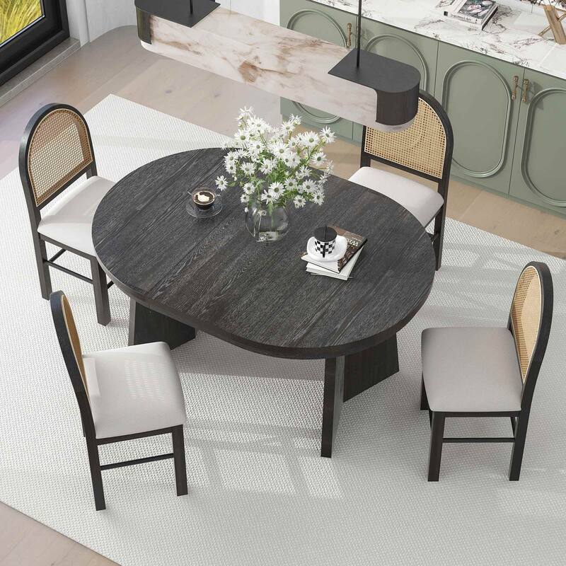 5 PCS Retro Functional Extendable Dining Set for 4 with 4 Upholstered Chairs with Rattan Backrests