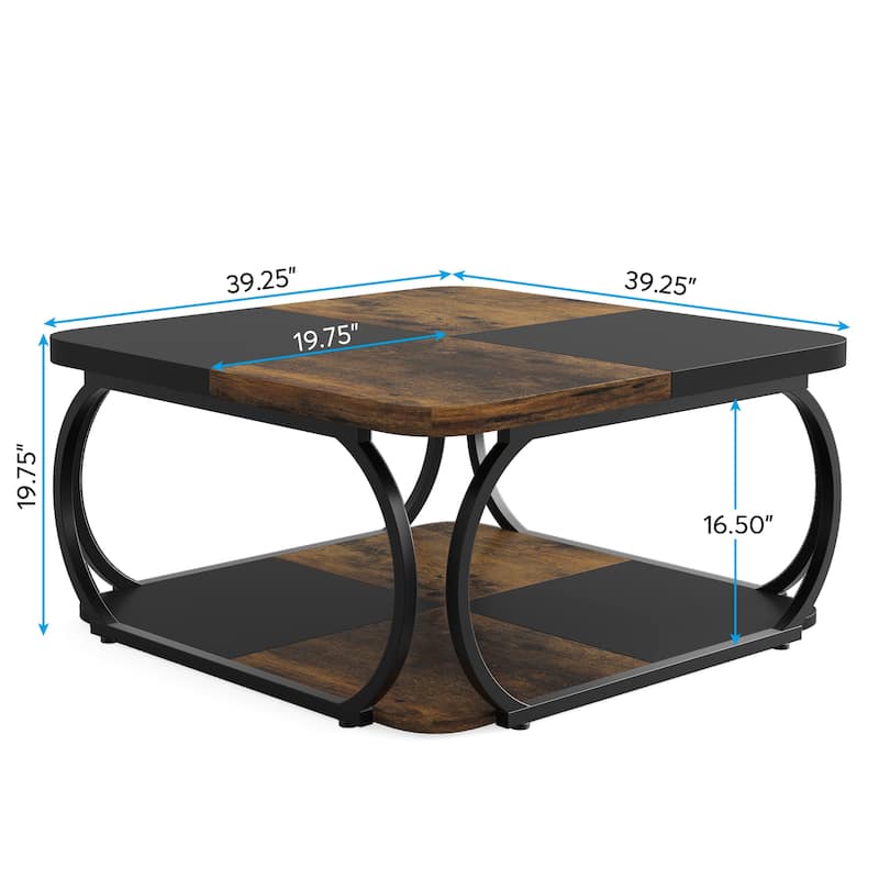 39 Inche 2-Tier Square Coffee Table with Metal Frame for Living Room