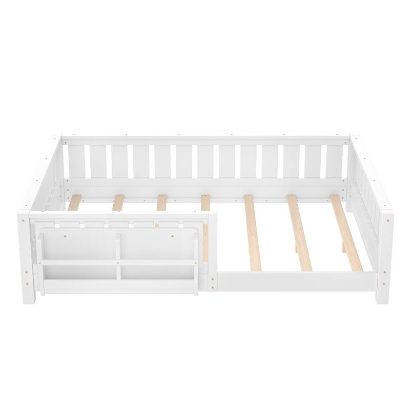Montessori Floor Bed Low Profile Kids Bed with Rails & Bookshelf