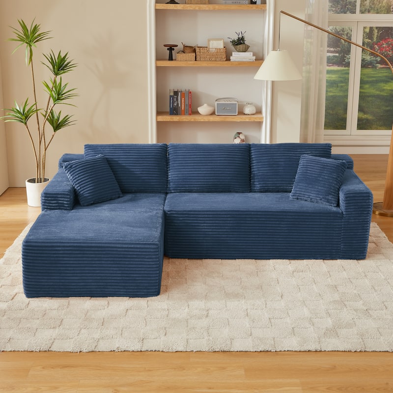 L-Shaped Modular Sectional Sofa with Chaise Lounge, Comfy Corduroy Deep Seat Cloud Couch, 4-Seater Sofa with Pillows - Blue