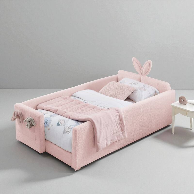 Twin Size Upholstered Platform Bed with Rabbit Ear Headboard, Boucle Fabric, Safety Rail and Storage Pocket for Kids