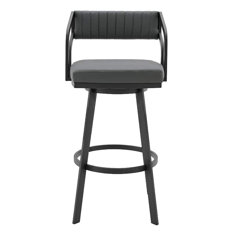 26" Grey Swivel Counter Height Faux Leather Seat Bar Stool with Arms and Low Back and Black Iron Frame - 36”H x 21”W x 22”D