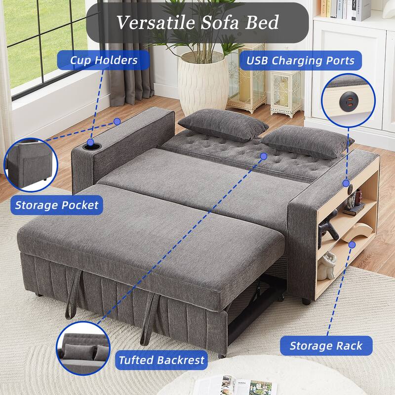 Chenille Pull-out Sofa Bed Convertible Couch, Loveseat Sofa with Adjustable Backrest, Storage Rack, Cup Holders, USB Ports