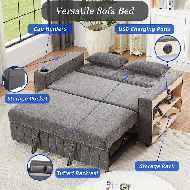 Transformable Chenille Fabric Sofa Bed with Adjustable Tufted Backrest, USB Ports, and Ample Storag