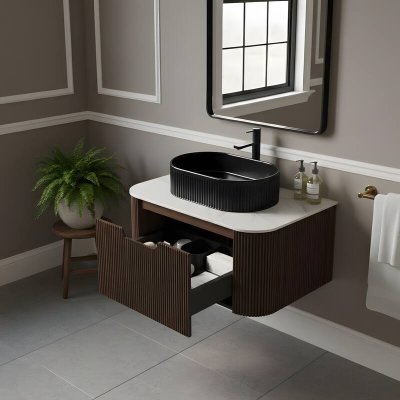 Wall Mounted Bathroom Vanity with Black Oval Ceramic Basin