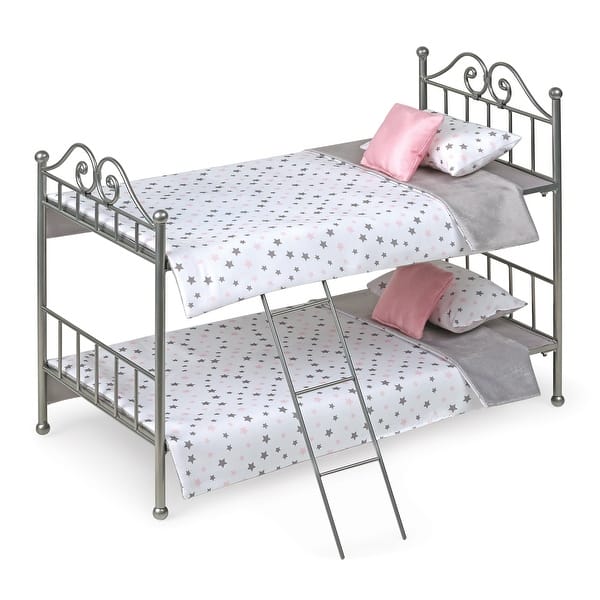 slide 2 of 5, Badger Basket Scrollwork Metal Doll Bunk Bed with Ladder and Bedding - Silver/Pink/Stars - 20.5" x 10.5" x 16.5"