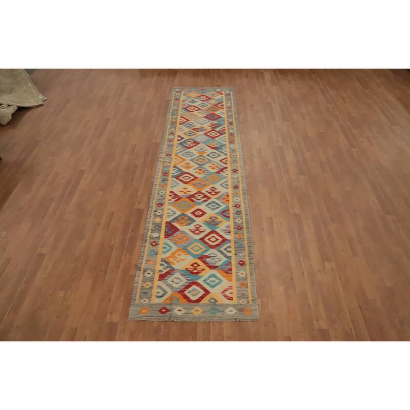 Hand Woven Oriental 100% Wool Carpet Southwestern Tribal Multi-Colored Kilim Runner Rug - 10' 10'' X 2' 9''