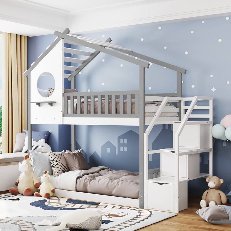 Stairway Twin-Over-Twin Bunk Bed, House Bed with Storage and Guard Rail, Natural Finish