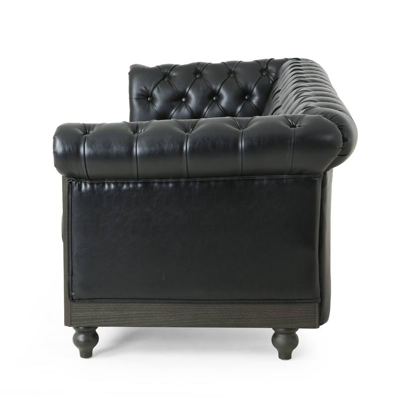 3-Seat Sofa with Wooden Legs, Retro Style, Black PU for Living Room and Study
