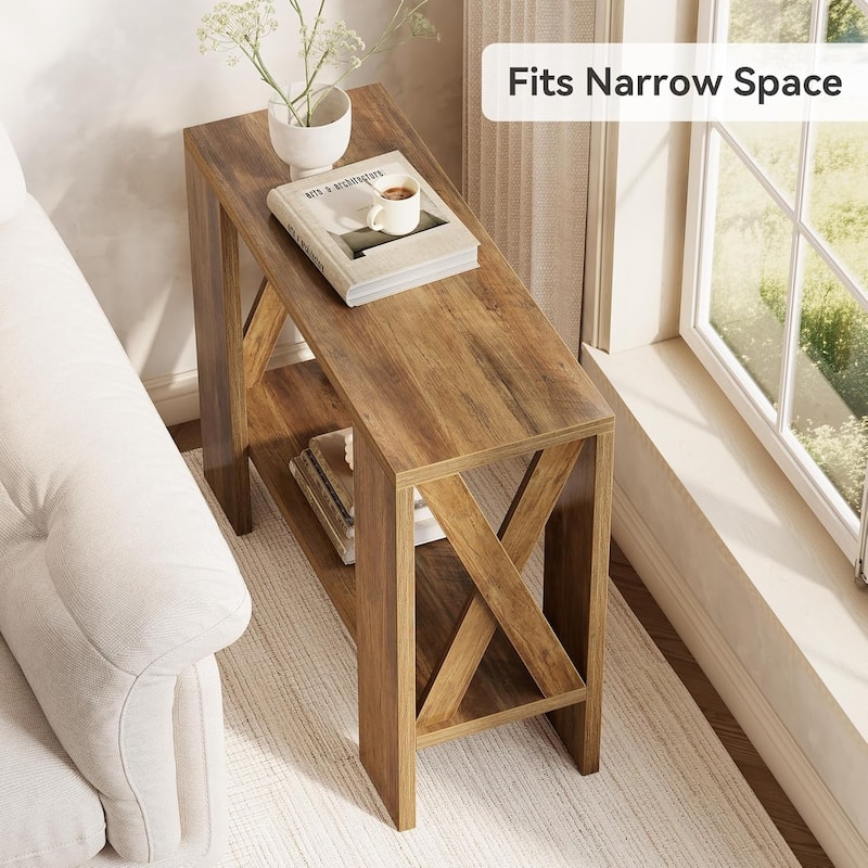 2-Tier Side Table, Farmhouse End Table with Storage Shelves