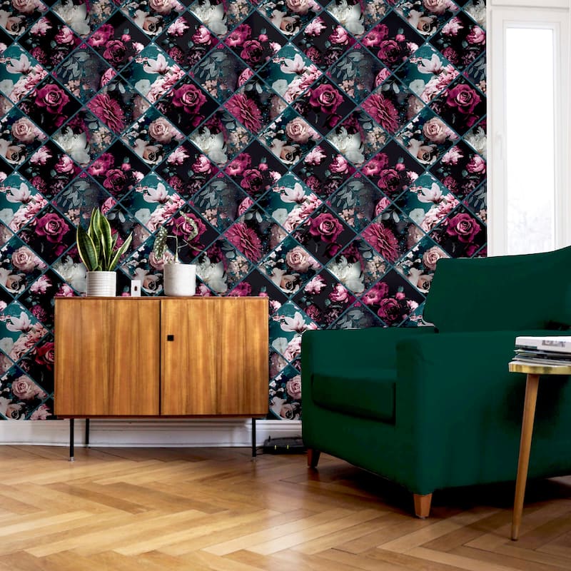 Floral Collage Plum and Teal Vinyl Wallpaper - 20.8 in. W x 33ft L - Double Roll