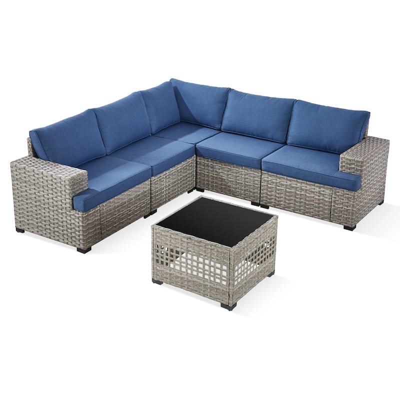 Gymojoy Outdoor Wicker Sectional Sofa Set with Glass Table, Wide Armrests & Water-resistant Cushions, Patio Furniture for Garden