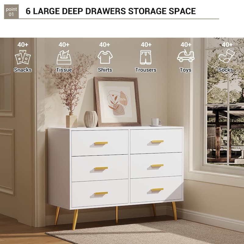 Modern 6 Drawer Dresser in White and Black, Featuring Gold Handles, Wide Wooden Drawers for Bedroom